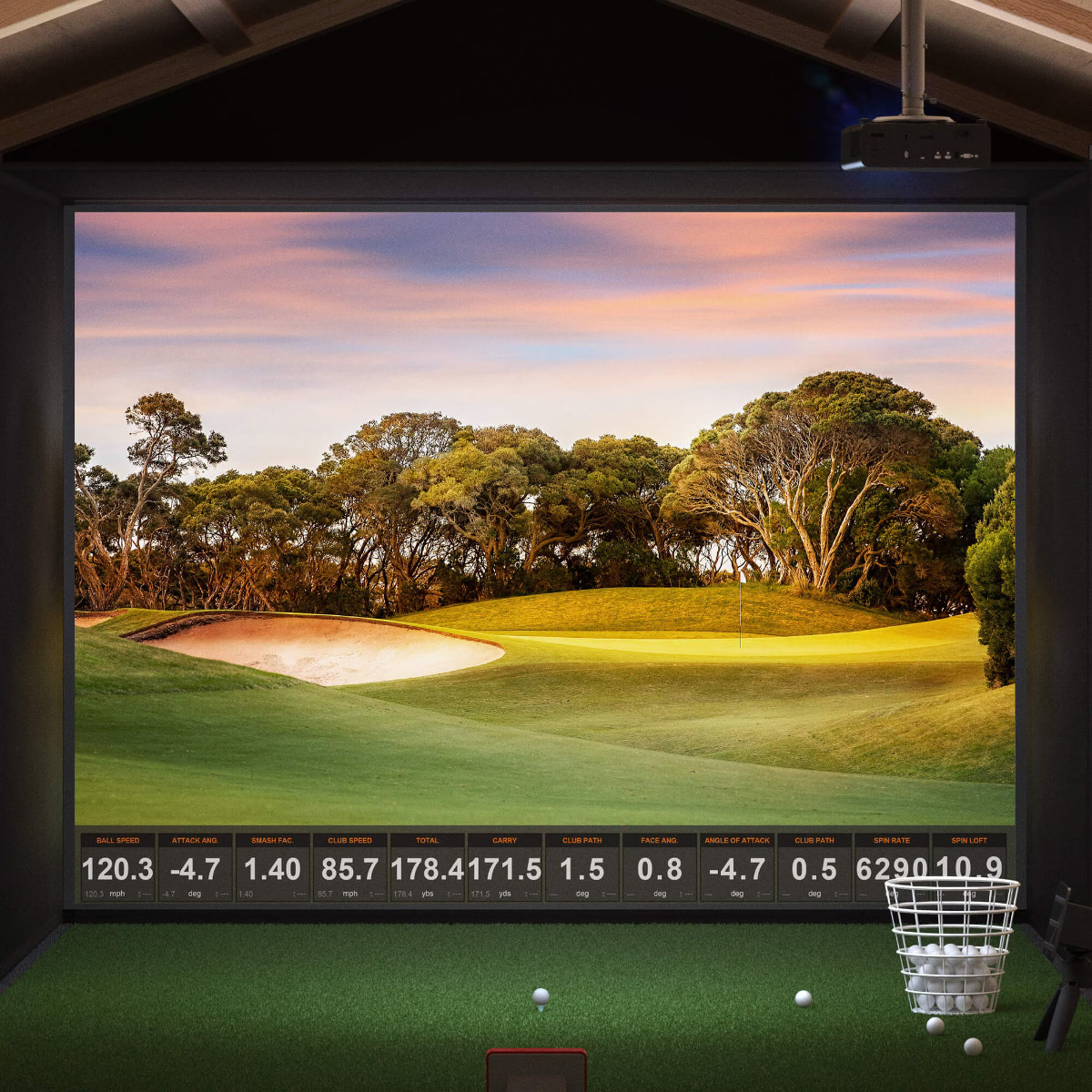 Golf simulation with ceiling-mounted AH30ST
