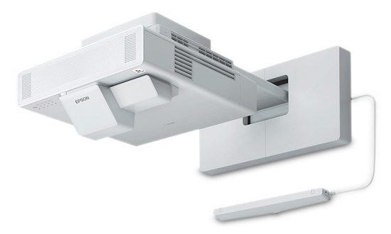 Epson BrightLink 1485Fi Laser LCD Projector, 1366x768, 5000 Lumens, UST — Angle view, wall-mounted
